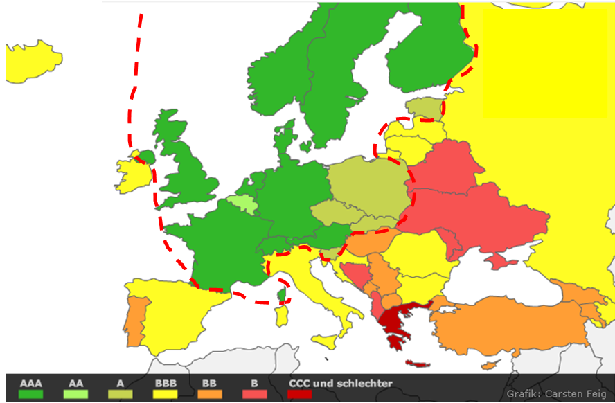 Euro zone Ratings map with new iron curtain