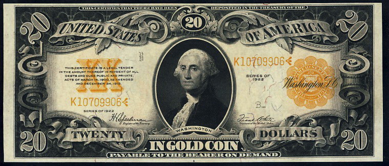 A 1922 20 dollar gold certificate