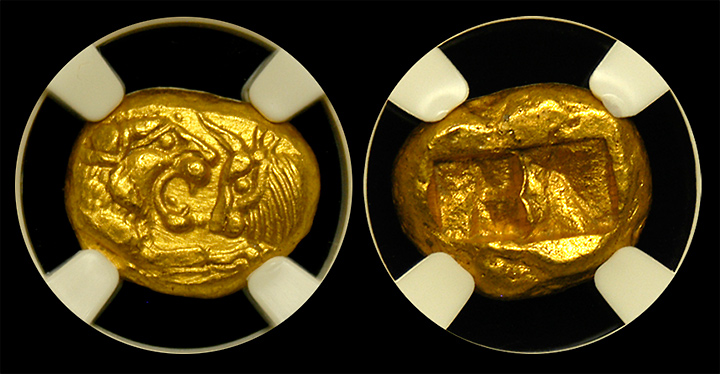 Lydian gold stater minted under King Croesus ~540 BC.